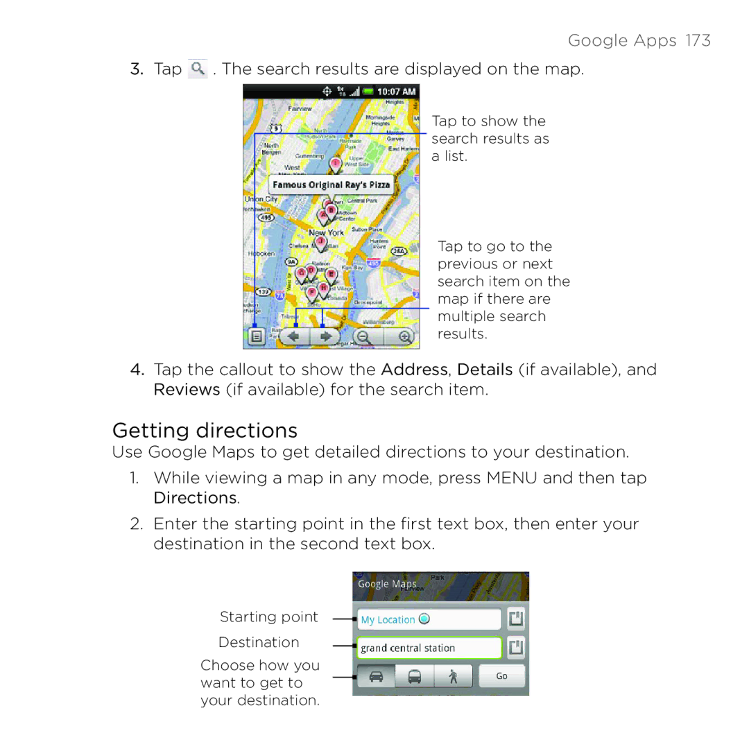 HTC 200 manual Getting directions, Tap . The search results are displayed on the map 