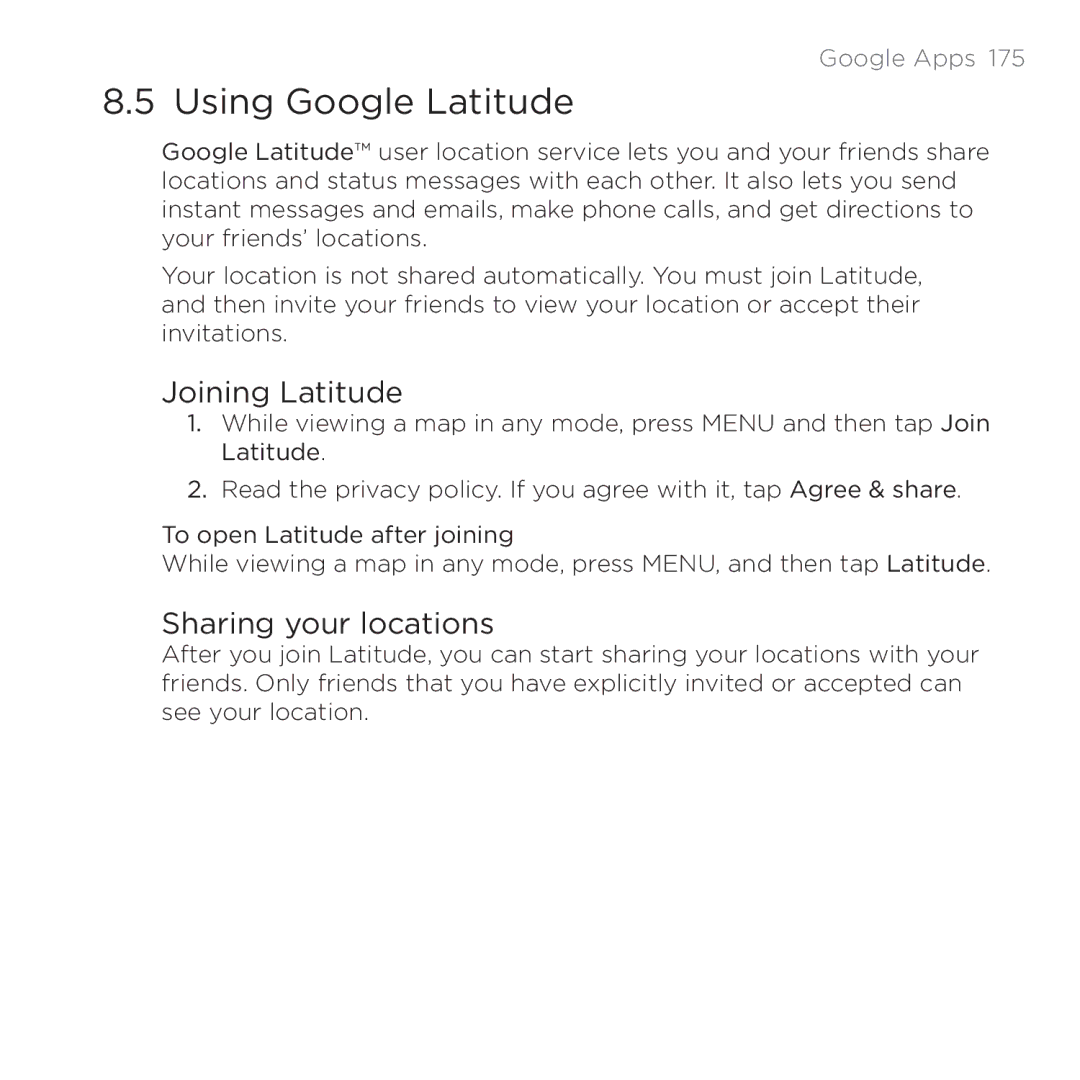 HTC 200 manual Using Google Latitude, Joining Latitude, Sharing your locations 