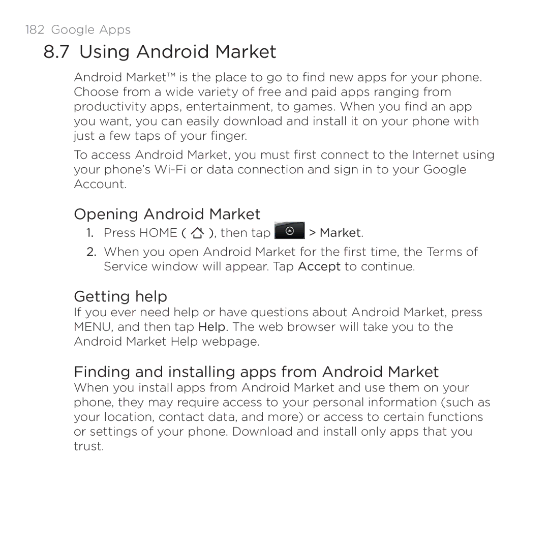 HTC 200 manual Using Android Market, Opening Android Market, Getting help, Finding and installing apps from Android Market 