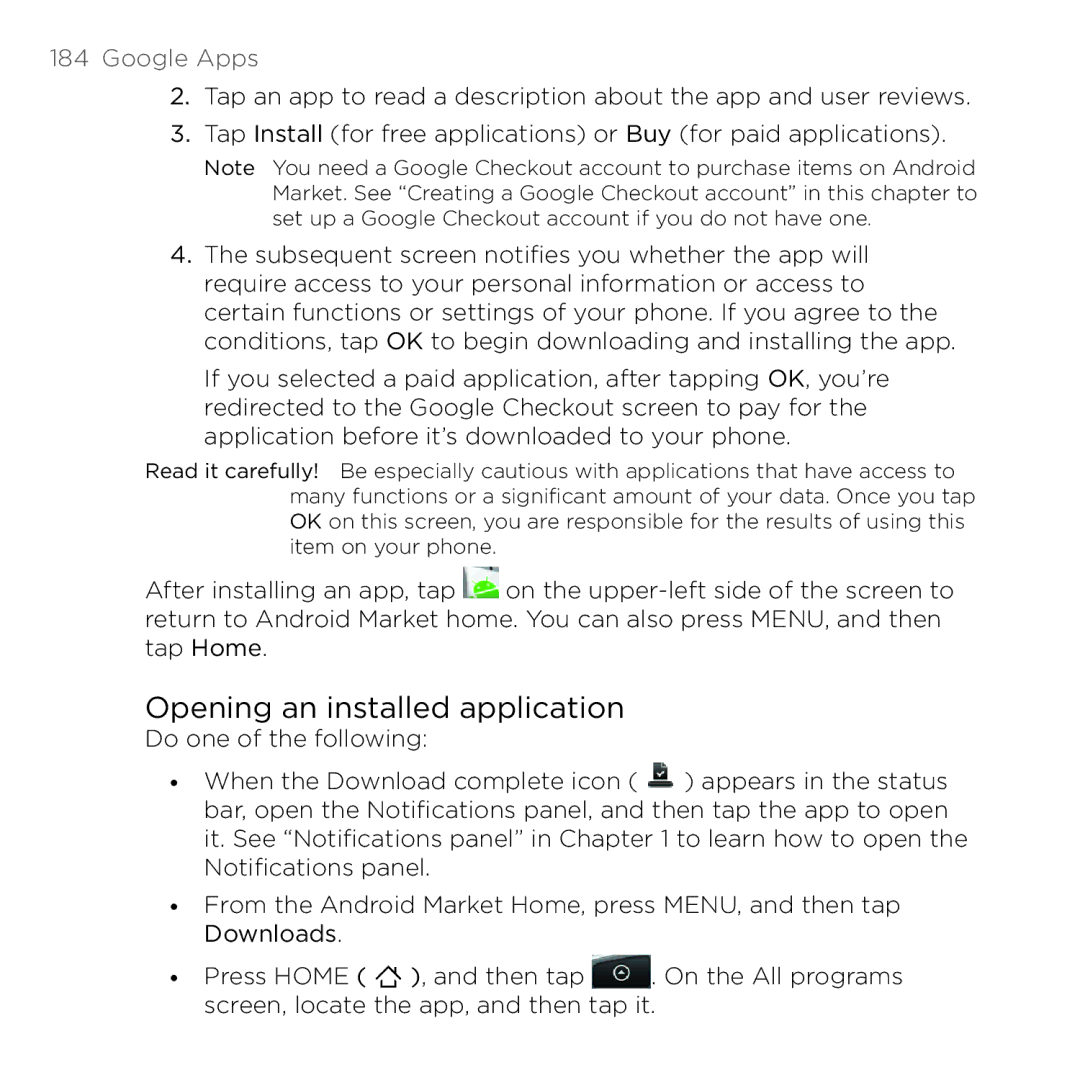 HTC 200 manual Opening an installed application 