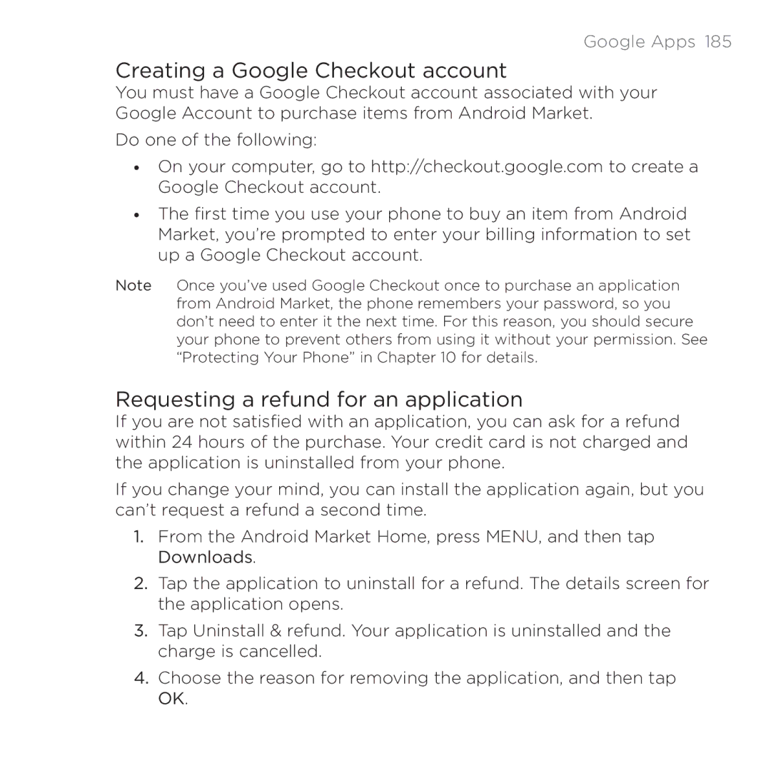 HTC 200 manual Creating a Google Checkout account, Requesting a refund for an application 