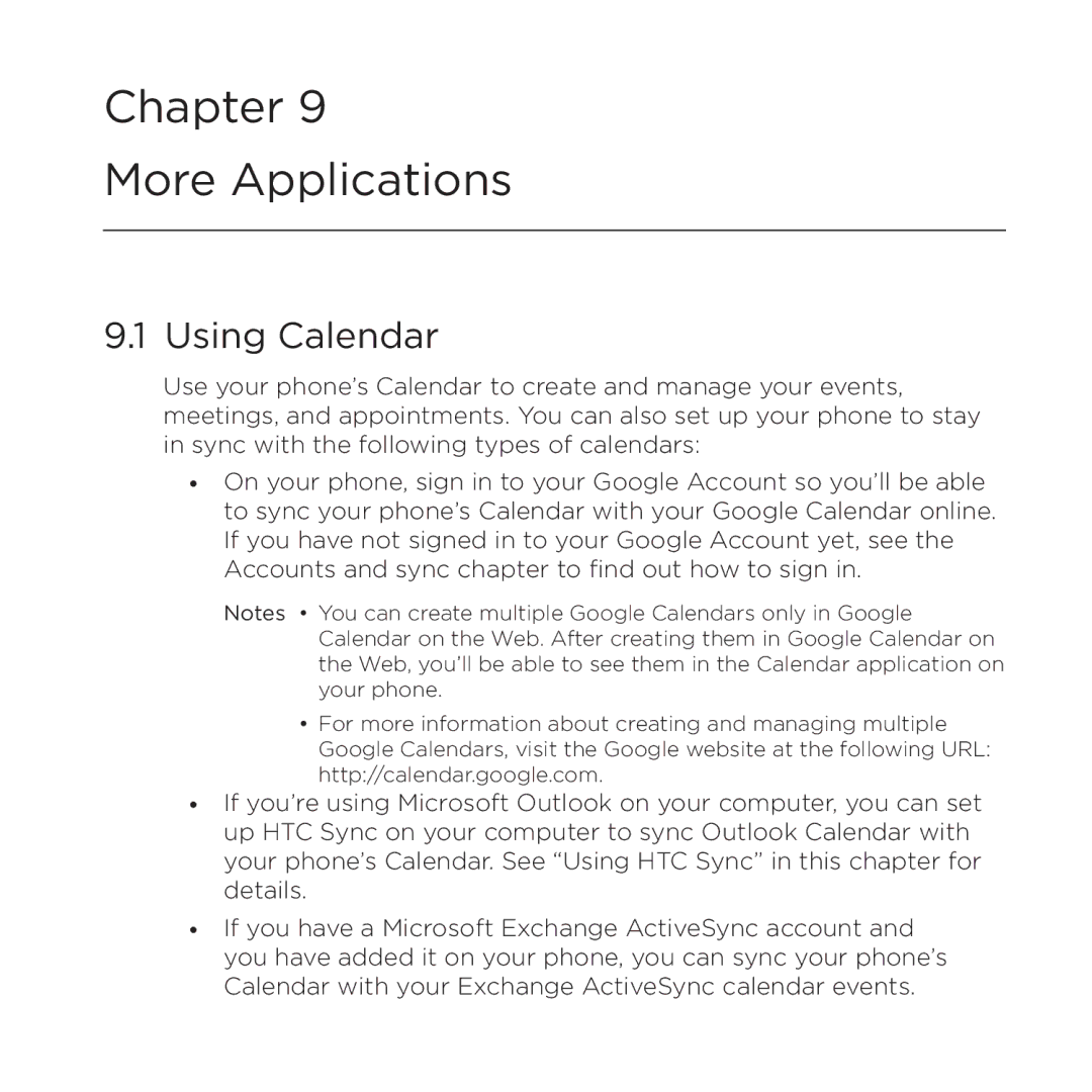 HTC 200 manual More Applications, Using Calendar 