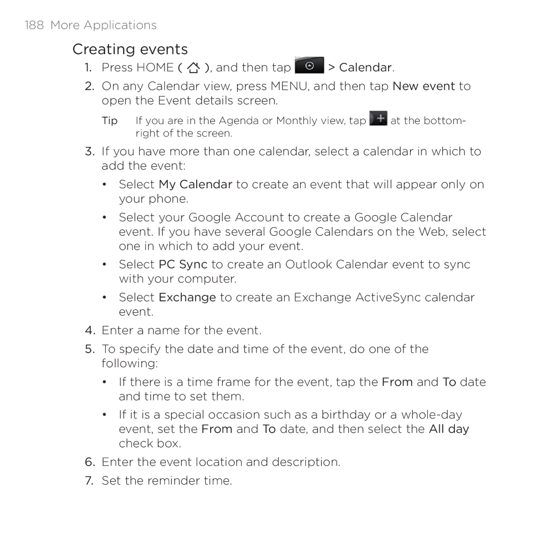 HTC 200 manual Creating events, More Applications 