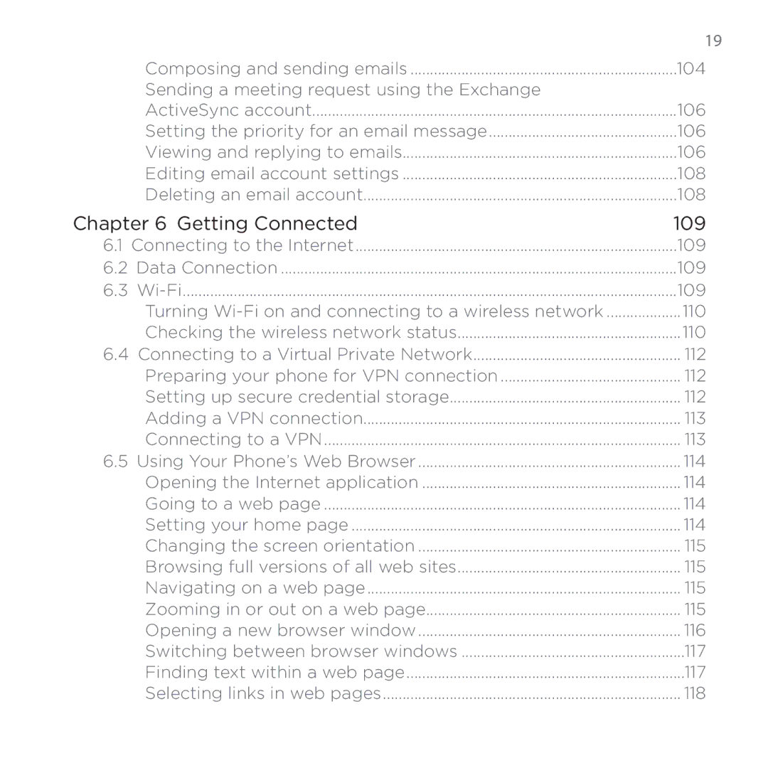 HTC 200 manual 104, Sending a meeting request using the Exchange, 106, 108, 109, 112, 113, 114, 115, 116, 117, 118 