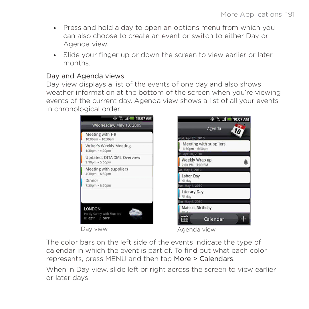 HTC 200 manual Day view Agenda view 