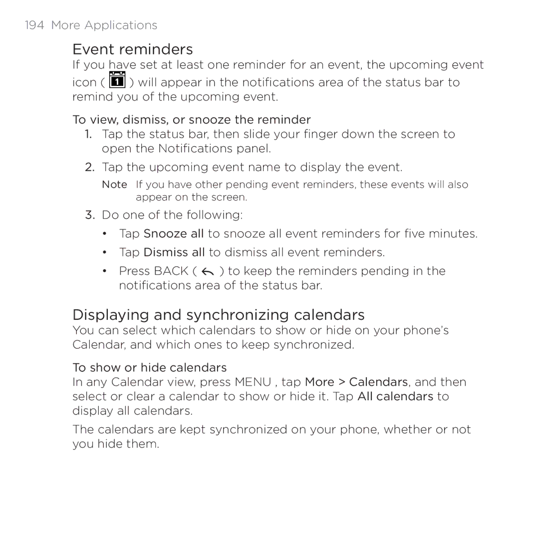 HTC 200 manual Event reminders, Displaying and synchronizing calendars 