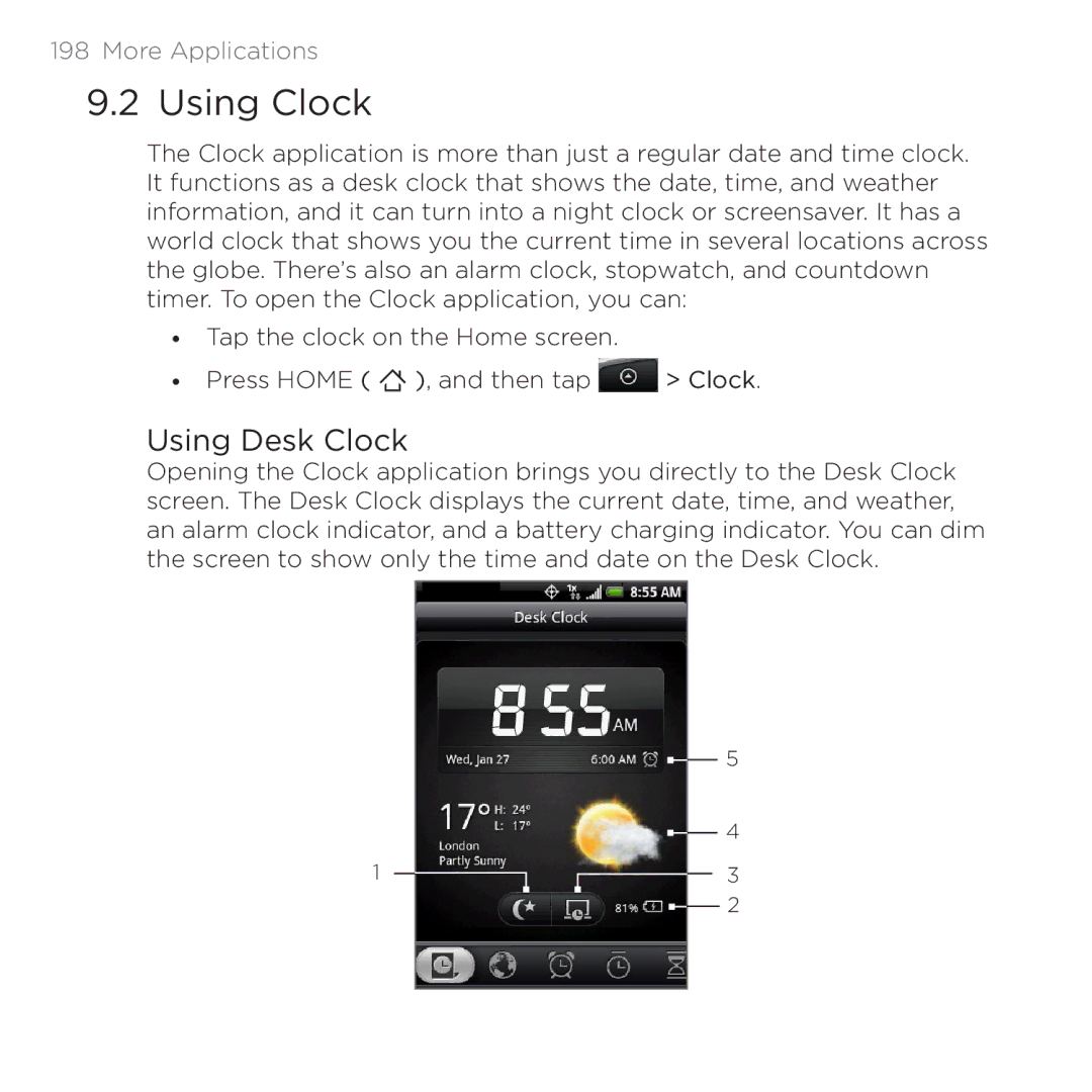 HTC 200 manual Using Clock, Using Desk Clock 