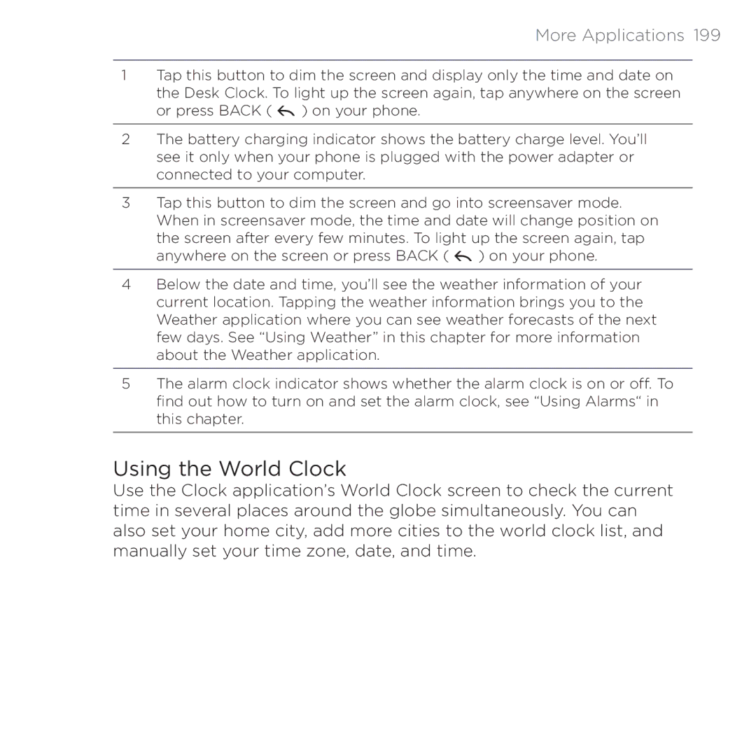 HTC 200 manual Using the World Clock 