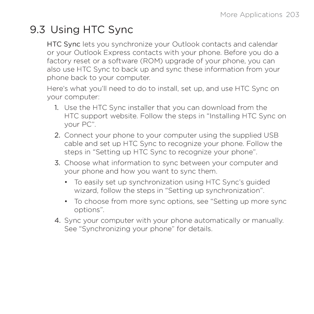 HTC 200 manual Using HTC Sync 