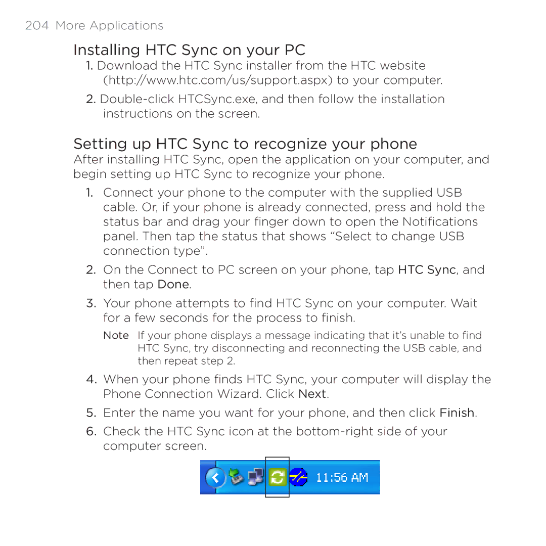 HTC 200 manual Installing HTC Sync on your PC, Setting up HTC Sync to recognize your phone 