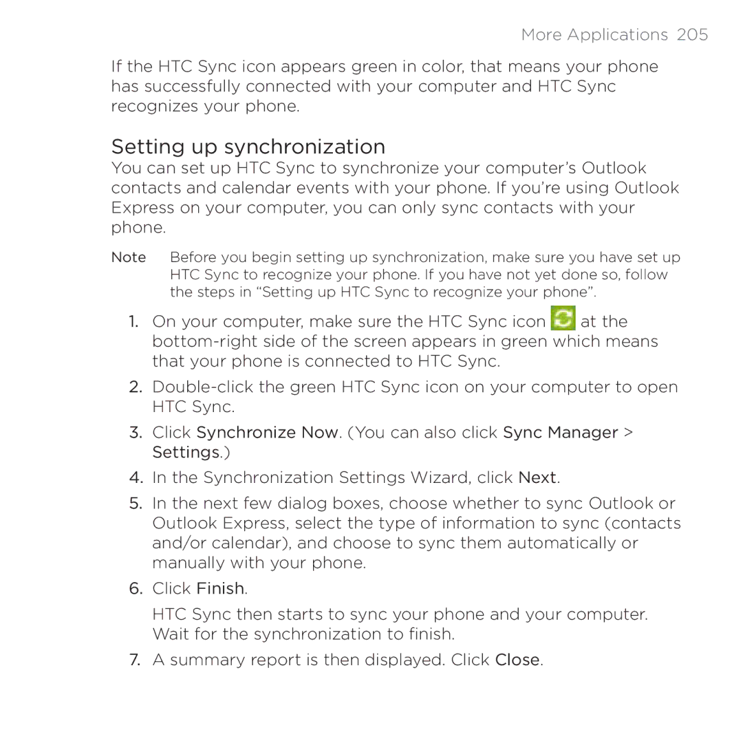 HTC 200 manual Setting up synchronization 