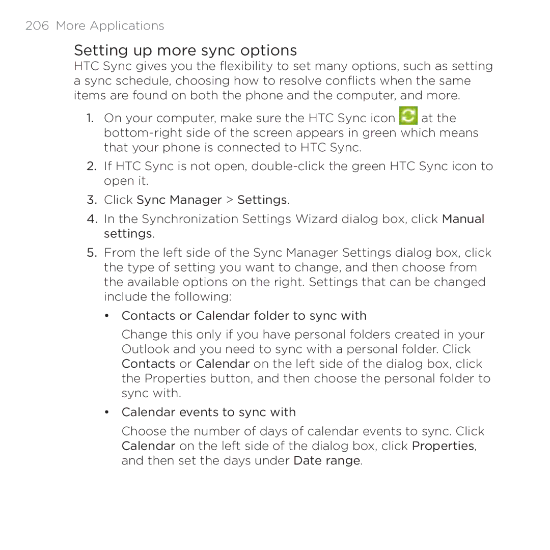 HTC 200 manual Setting up more sync options 