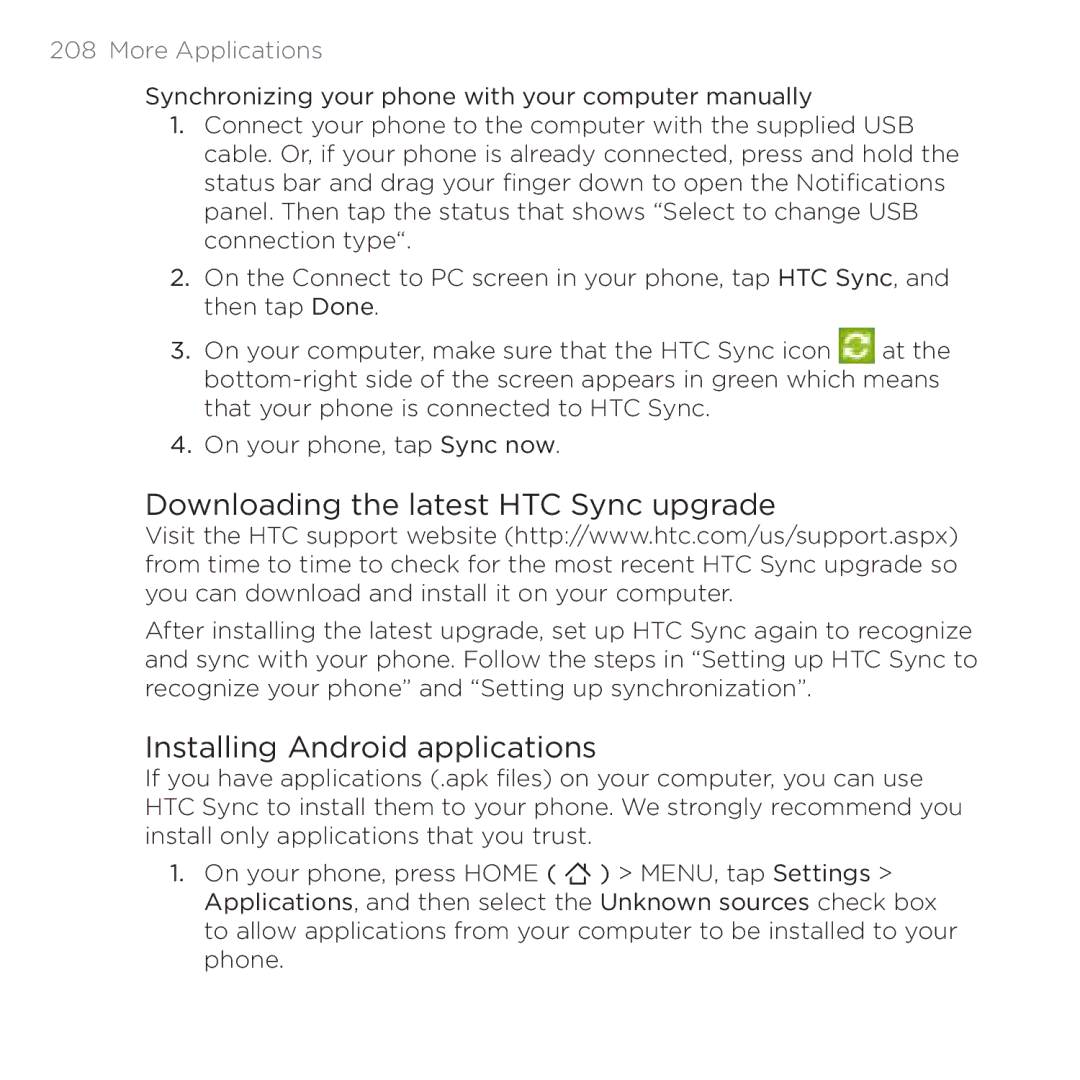 HTC 200 manual Downloading the latest HTC Sync upgrade, Installing Android applications 