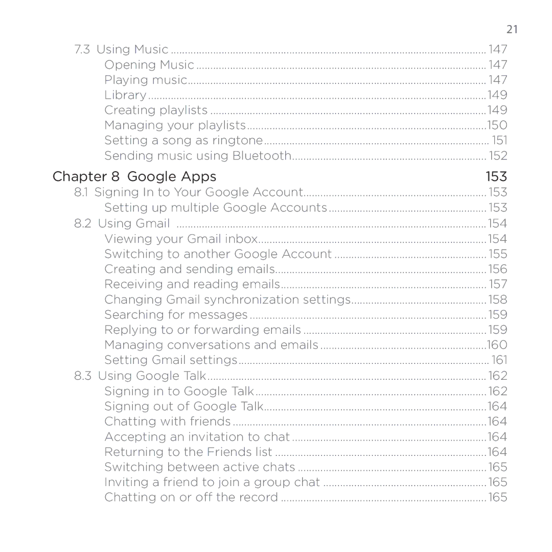 HTC 200 manual 147, 149, Managing your playlists 150, 151, Sending music using Bluetooth 152, 153, 154, 161, 162 