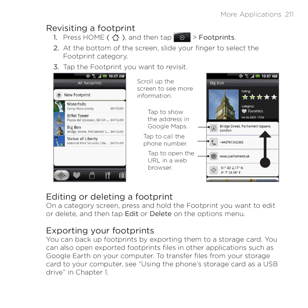 HTC 200 manual Revisiting a footprint, Editing or deleting a footprint, Exporting your footprints 