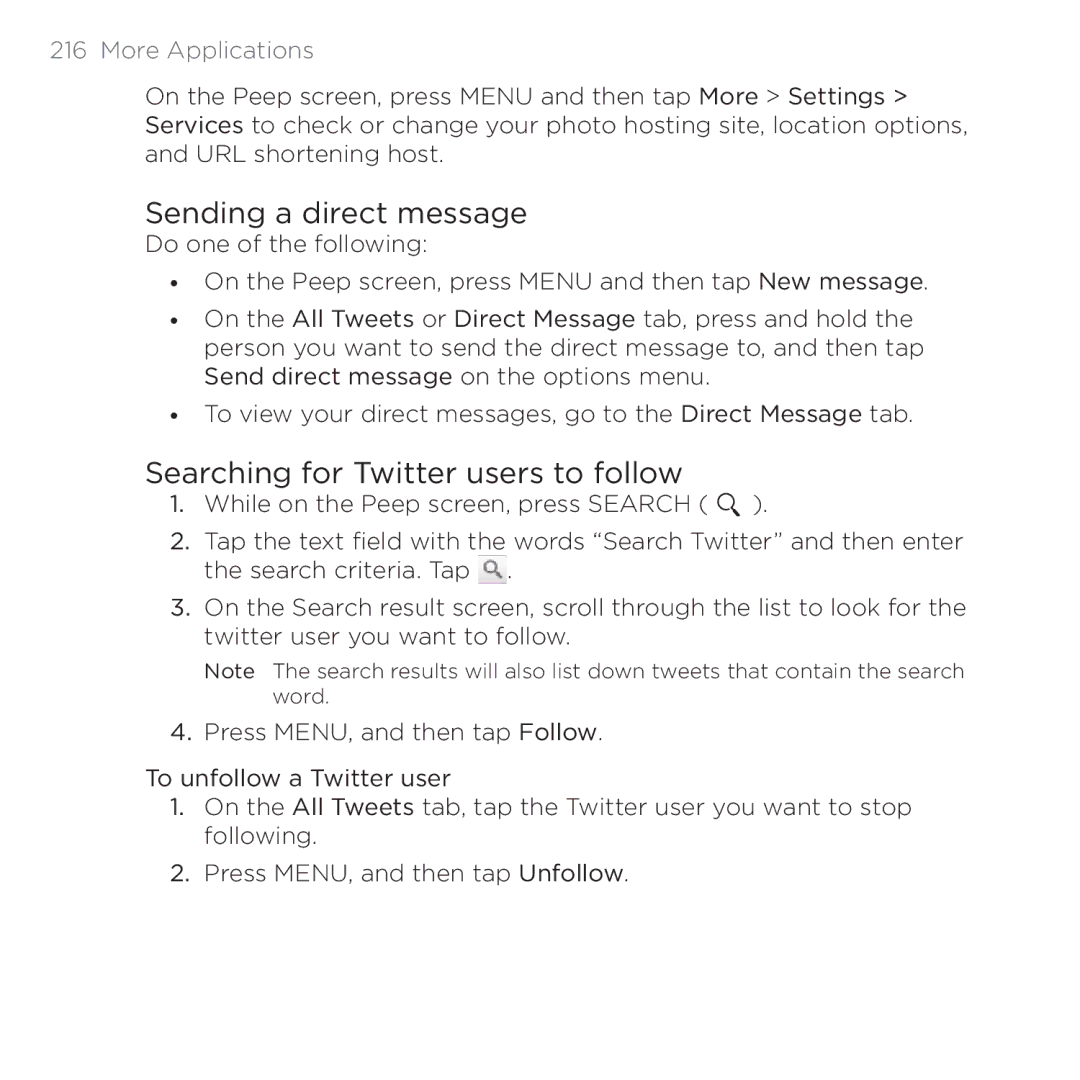 HTC 200 manual Sending a direct message, Searching for Twitter users to follow 