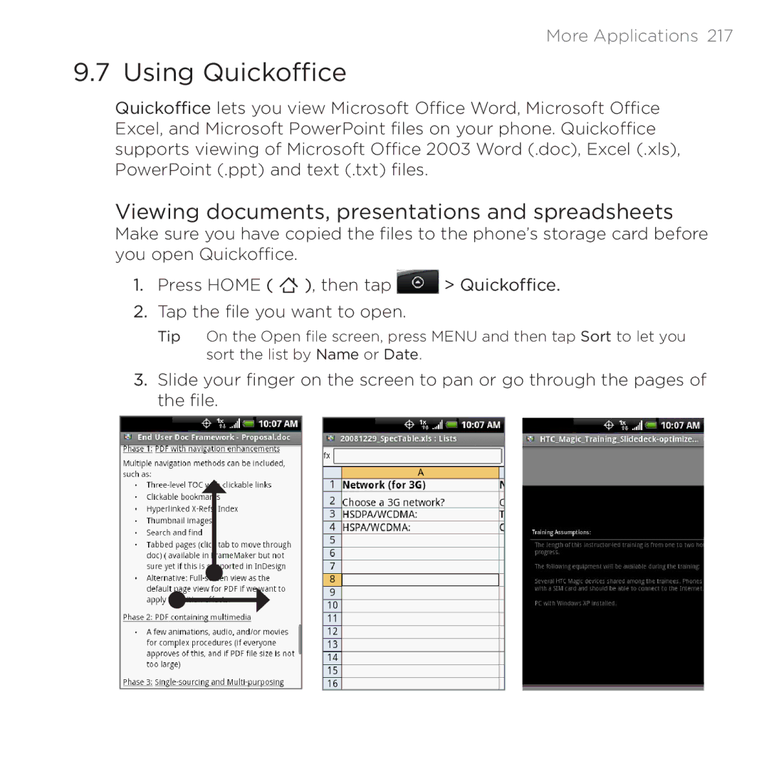 HTC 200 manual Using Quickoffice, Viewing documents, presentations and spreadsheets 