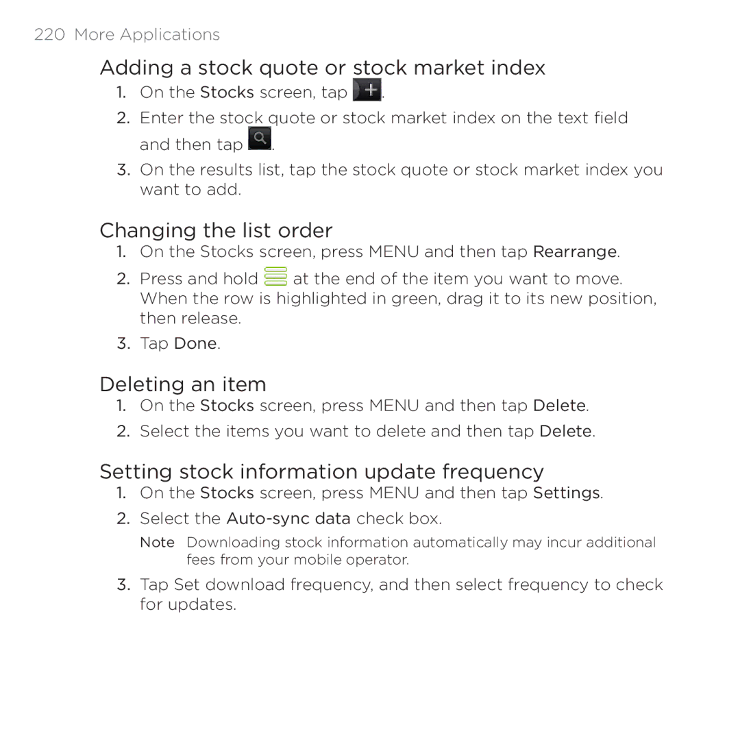 HTC 200 manual Adding a stock quote or stock market index, Changing the list order, Deleting an item 