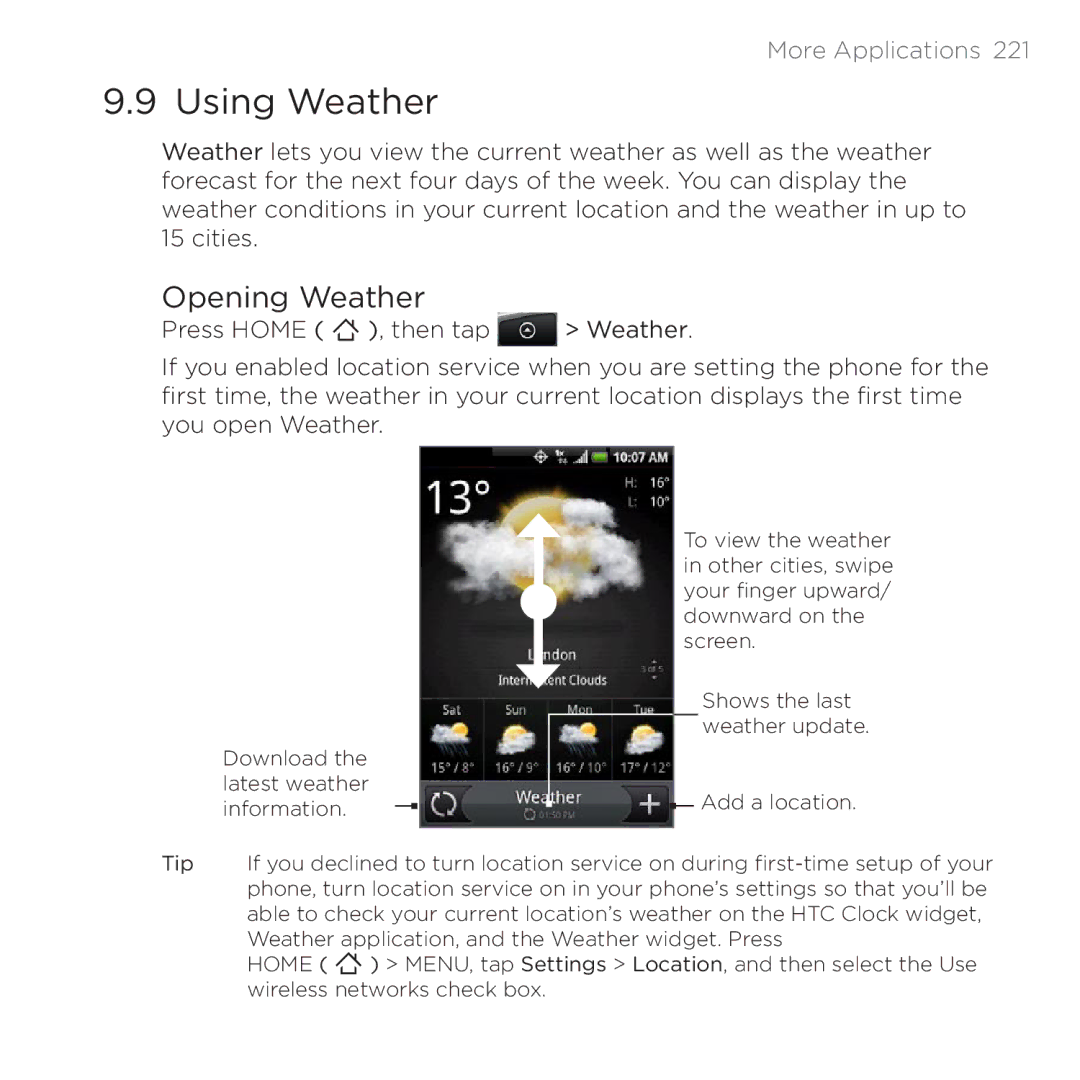 HTC 200 manual Using Weather, Opening Weather 