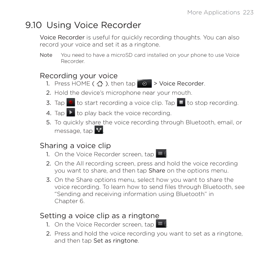 HTC 200 manual Using Voice Recorder, Recording your voice, Sharing a voice clip, Setting a voice clip as a ringtone 