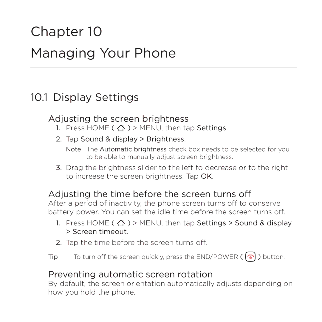 HTC 200 manual Display Settings, Adjusting the screen brightness, Adjusting the time before the screen turns off 