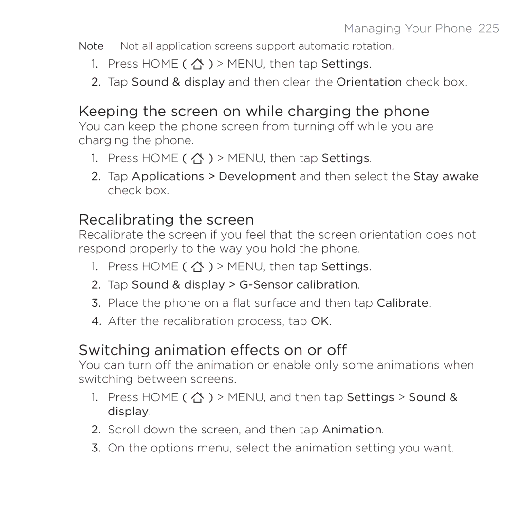 HTC 200 Keeping the screen on while charging the phone, Recalibrating the screen, Switching animation effects on or off 