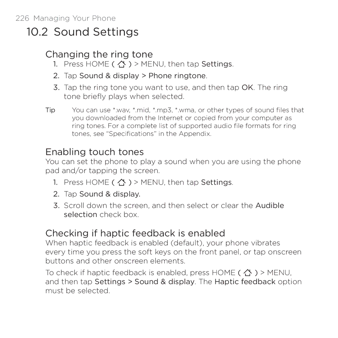 HTC 200 manual Sound Settings, Changing the ring tone, Enabling touch tones, Checking if haptic feedback is enabled 