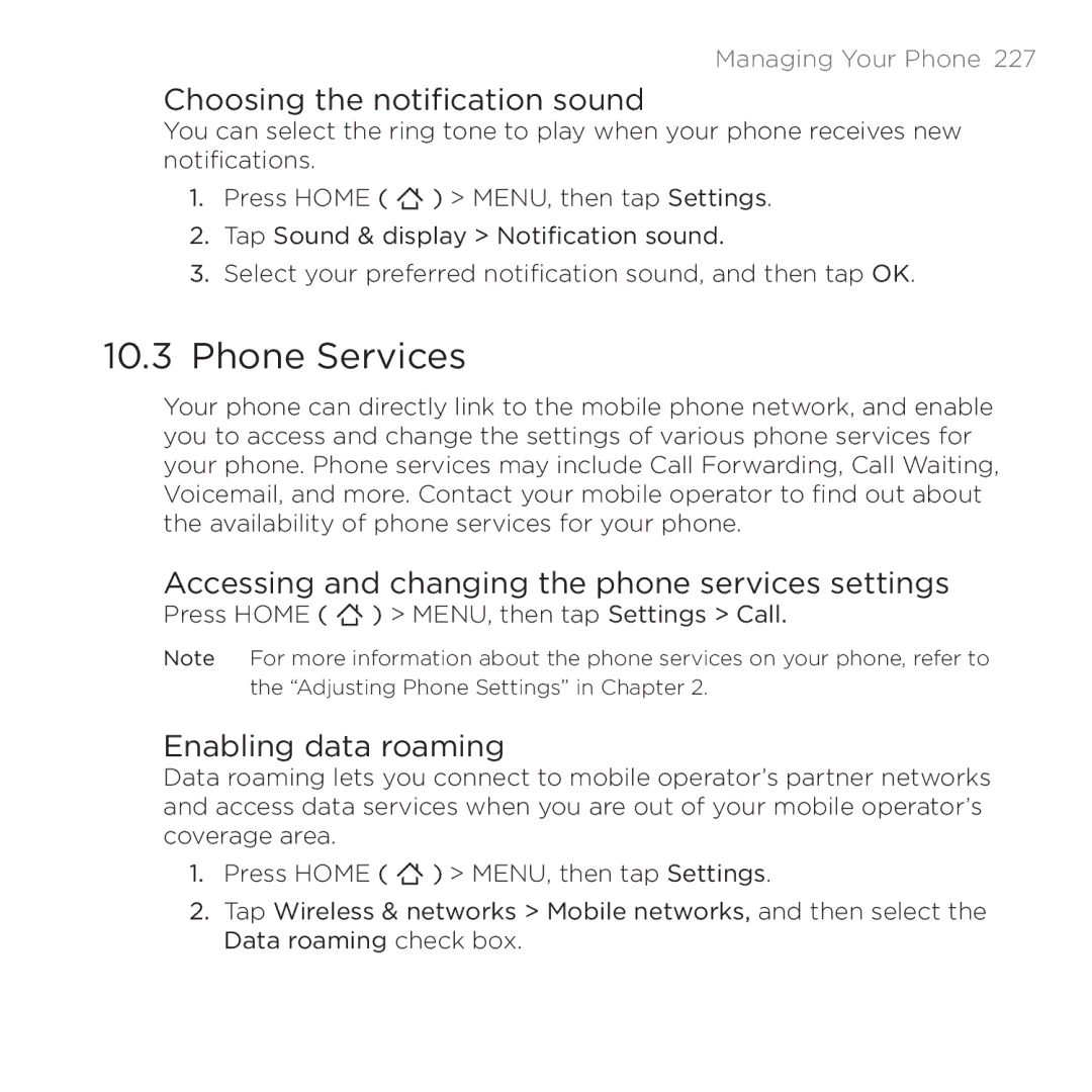 HTC 200 manual Phone Services, Choosing the notification sound, Accessing and changing the phone services settings 