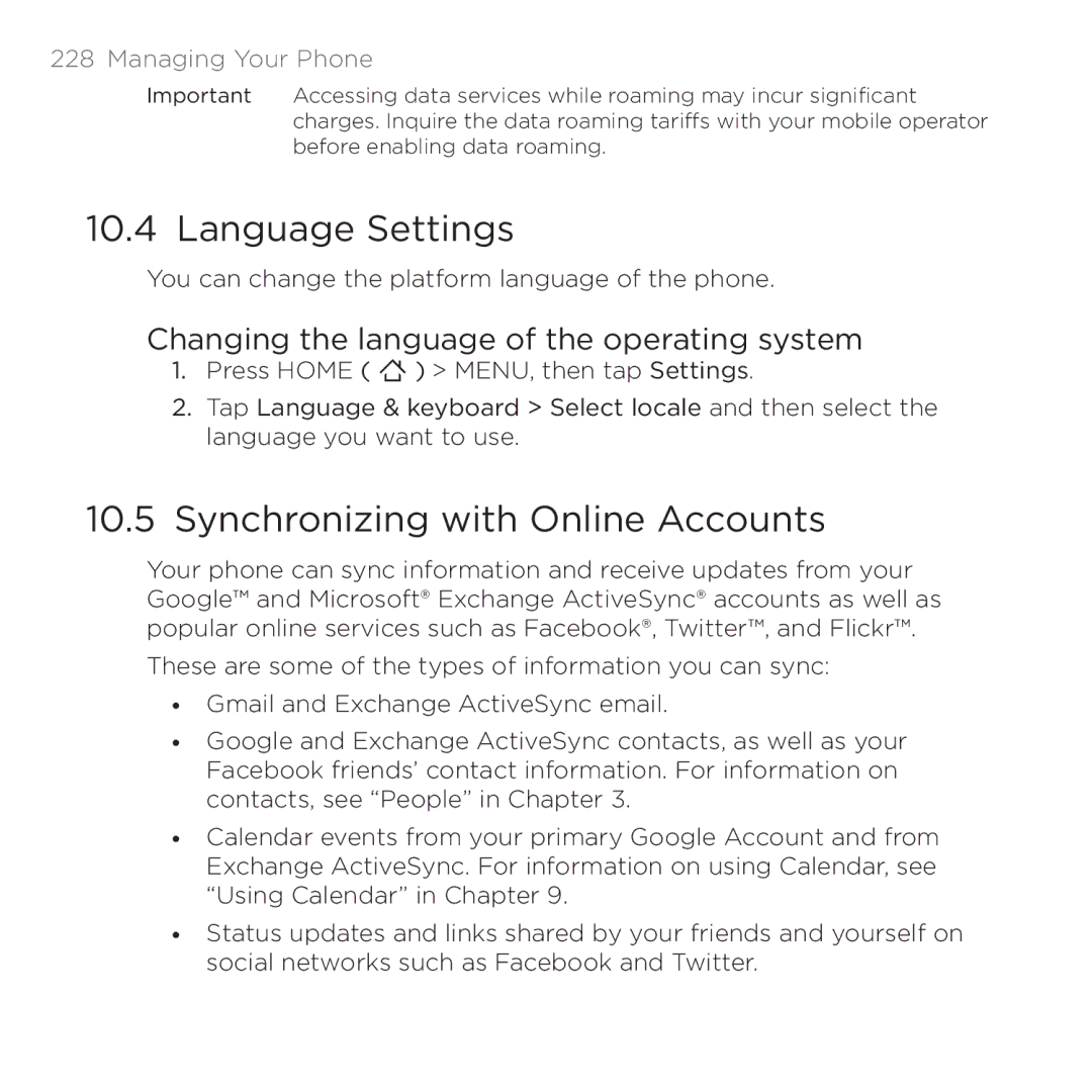 HTC 200 manual Language Settings, Synchronizing with Online Accounts, Changing the language of the operating system 