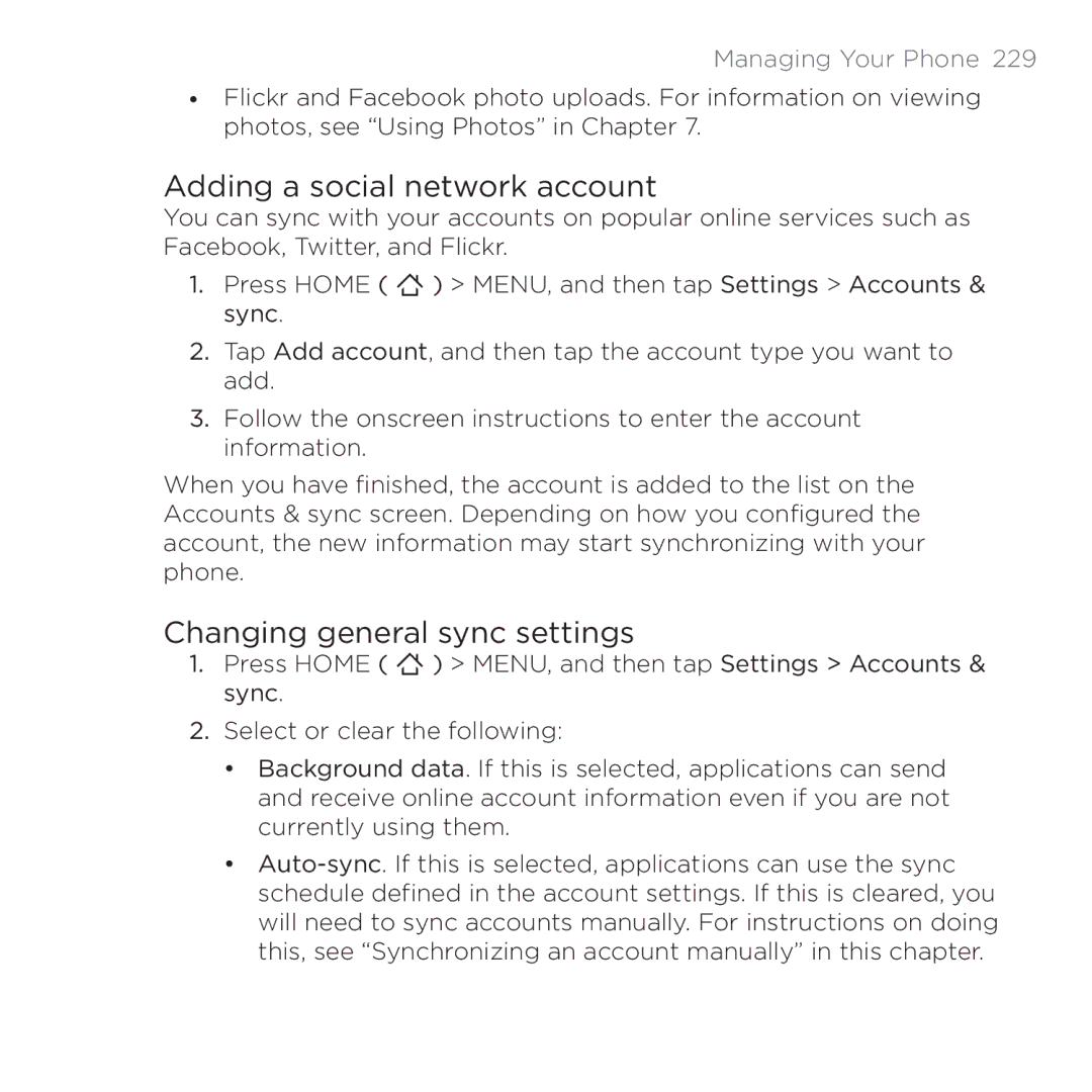 HTC 200 manual Adding a social network account, Changing general sync settings 