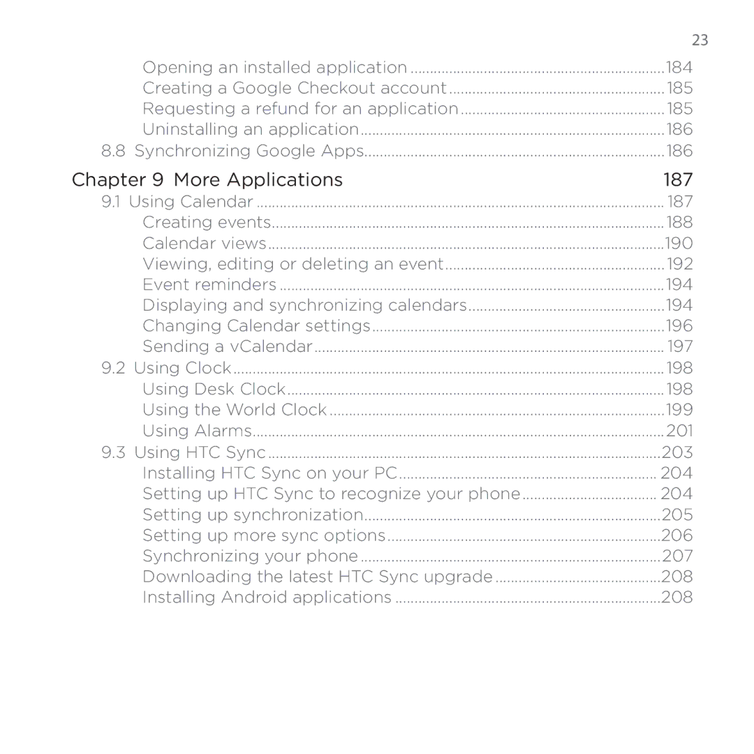 HTC 200 manual 184, 185, 186, 187, 188, 190, 192, 194, 196, 197, 198, 199, 201, 203, 204, 205, 206, 207, 208 