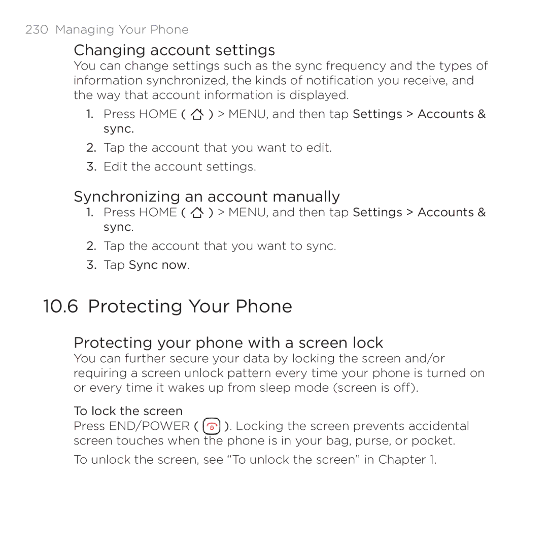 HTC 200 Protecting Your Phone, Changing account settings, Synchronizing an account manually 