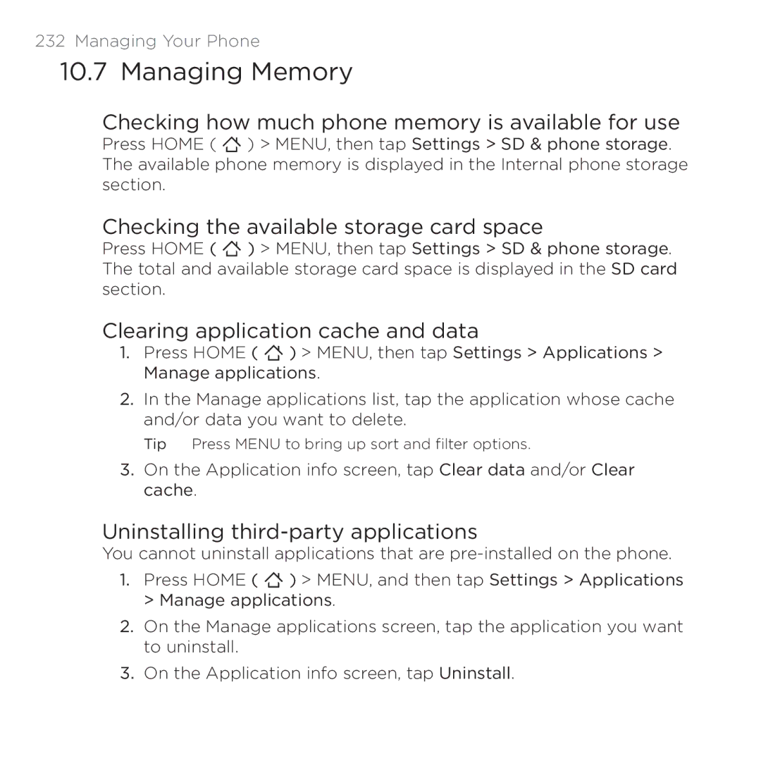 HTC 200 Managing Memory, Checking how much phone memory is available for use, Checking the available storage card space 