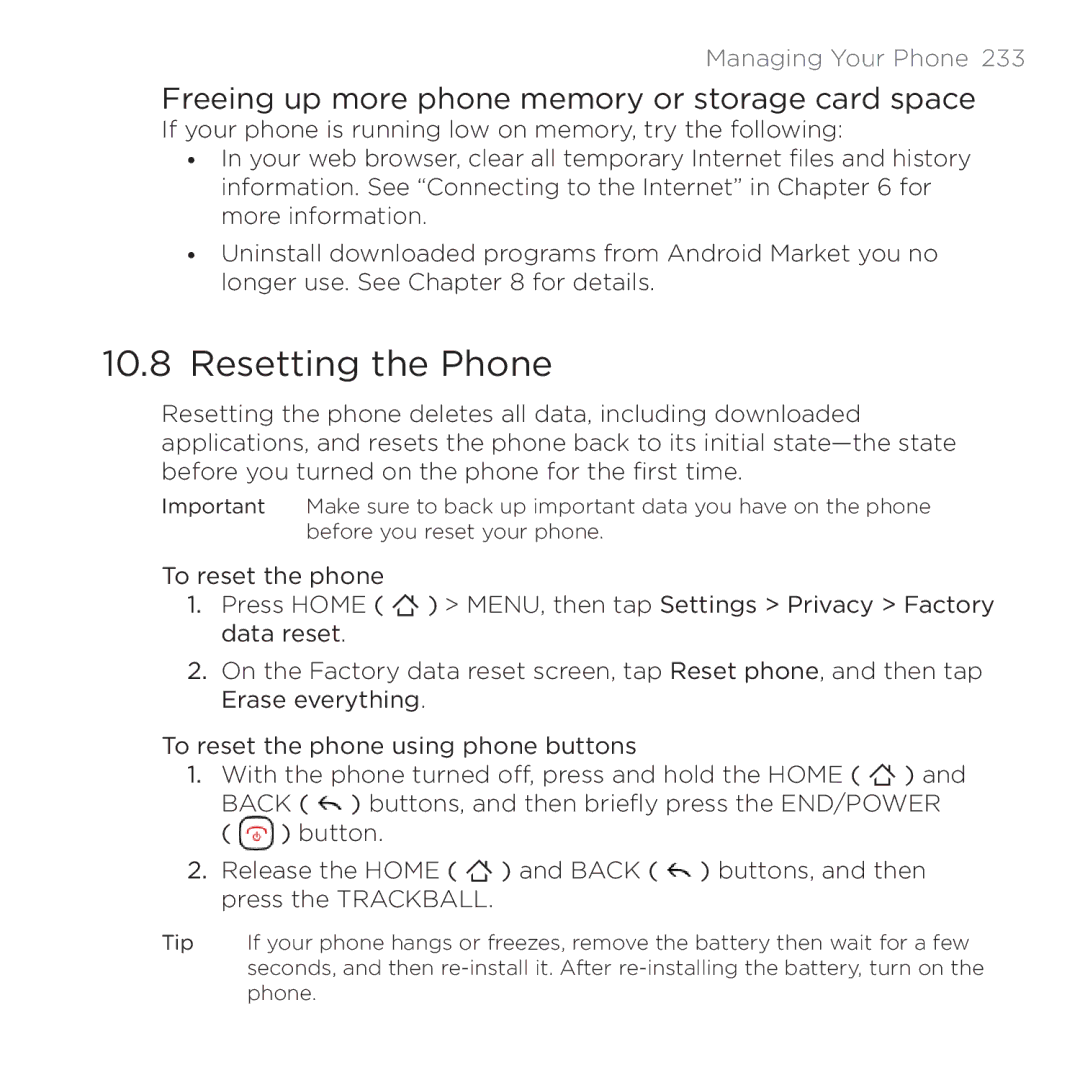 HTC 200 manual Resetting the Phone, Freeing up more phone memory or storage card space 