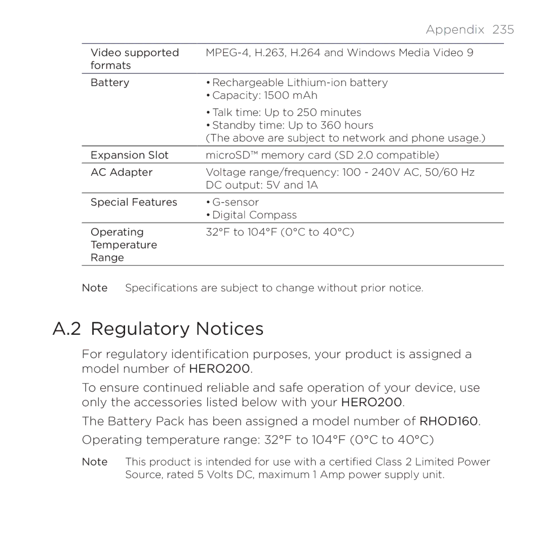 HTC 200 manual Regulatory Notices, Appendix 