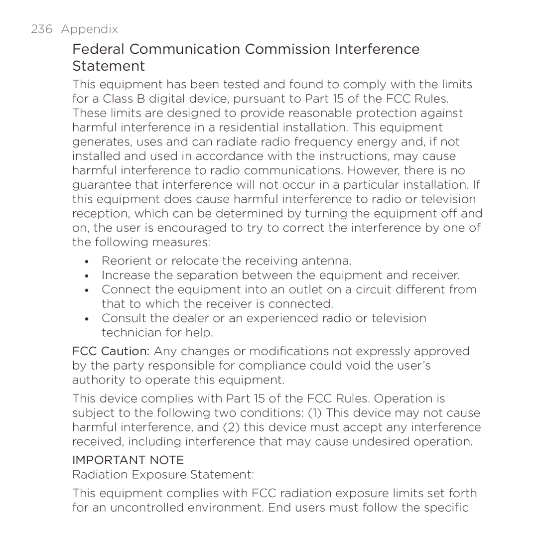 HTC 200 manual Federal Communication Commission Interference Statement, Important Note 