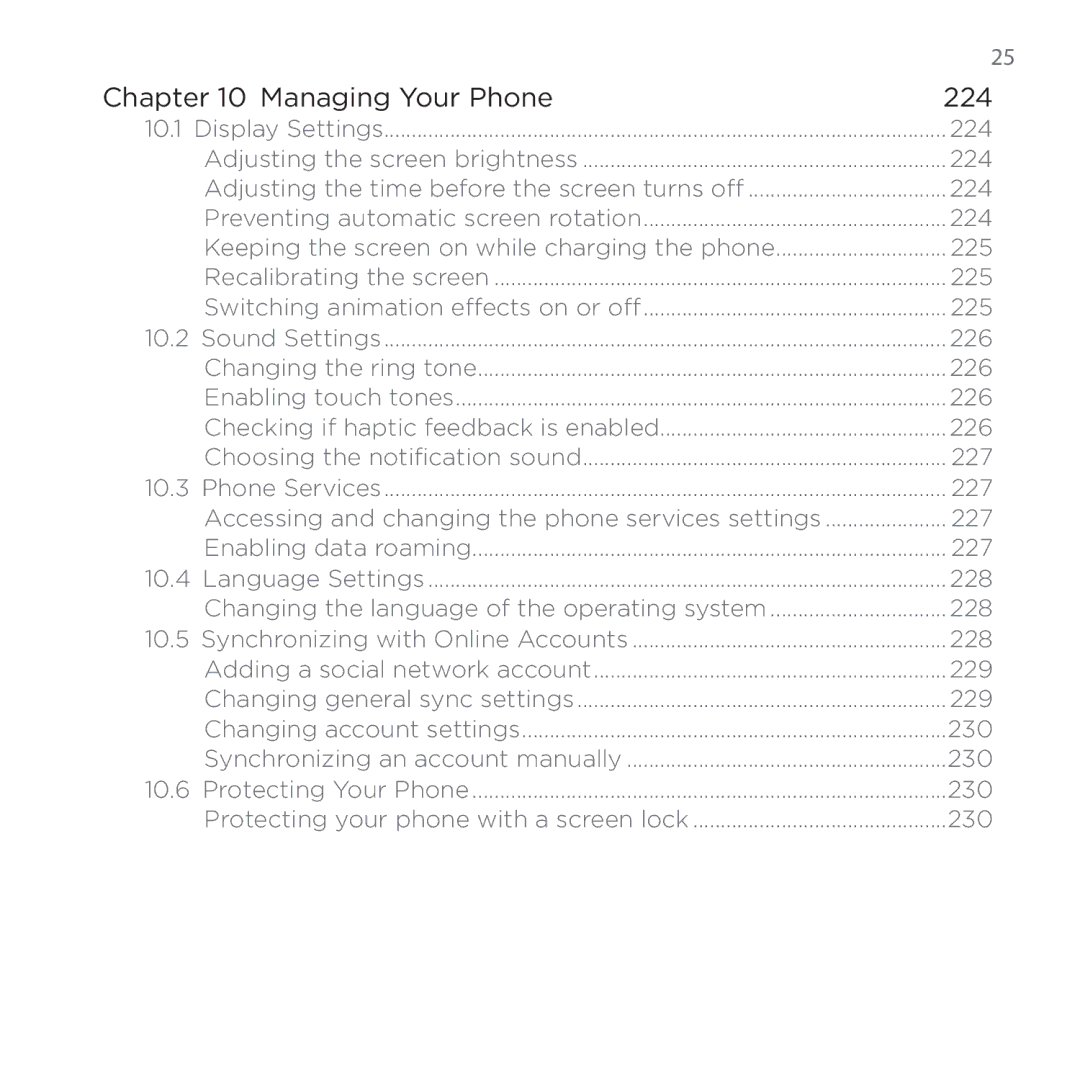 HTC 200 224, 226, Changing the language of the operating system 228, Protecting your phone with a screen lock 230 