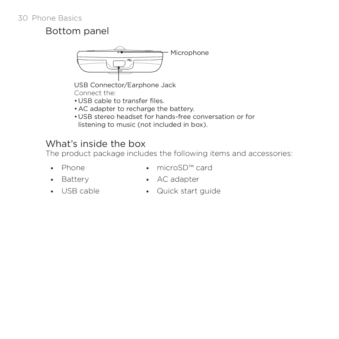 HTC 200 manual Bottom panel, What’s inside the box 