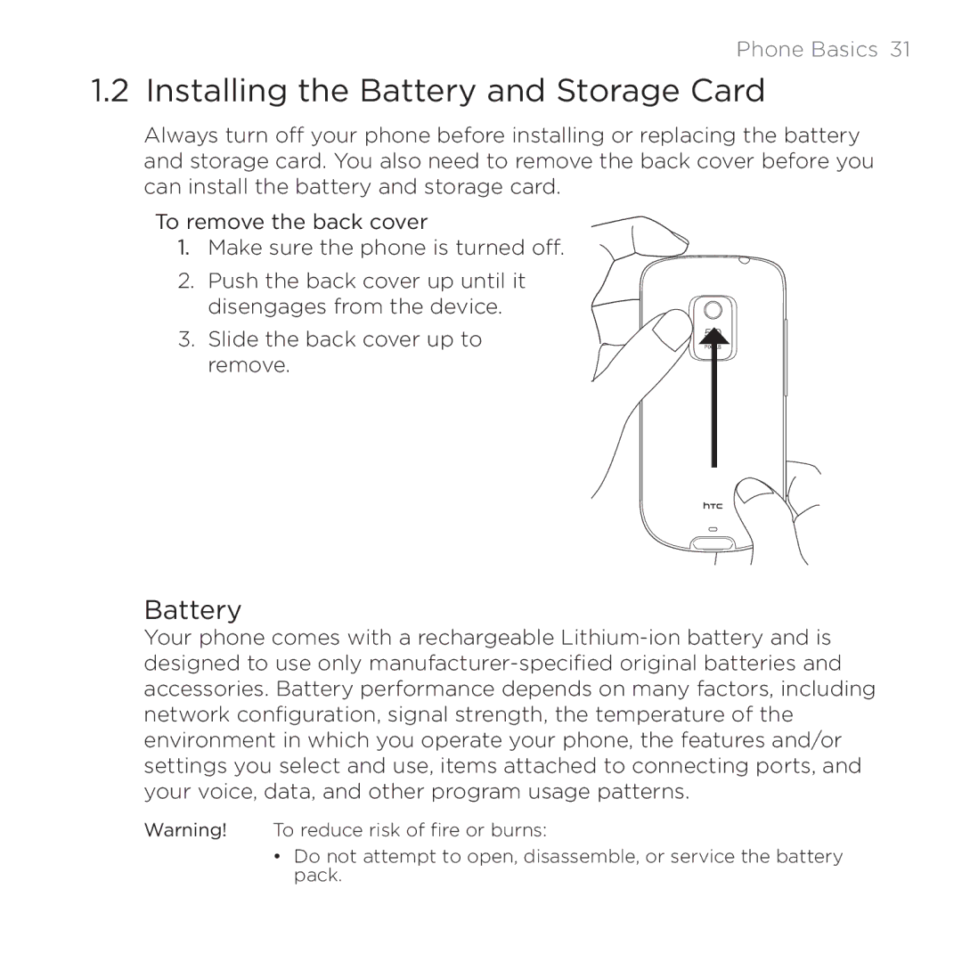 HTC 200 manual Installing the Battery and Storage Card 