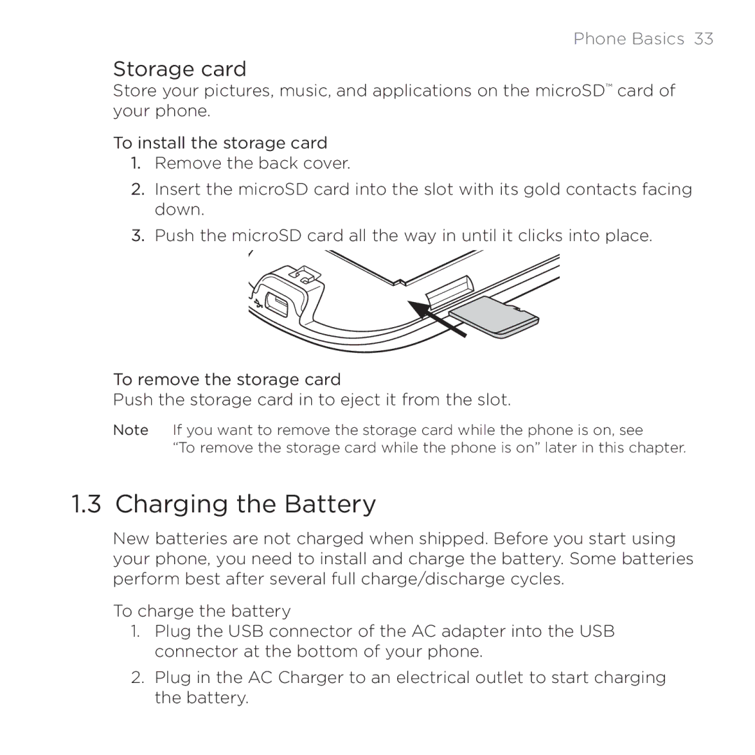 HTC 200 manual Charging the Battery, Storage card 