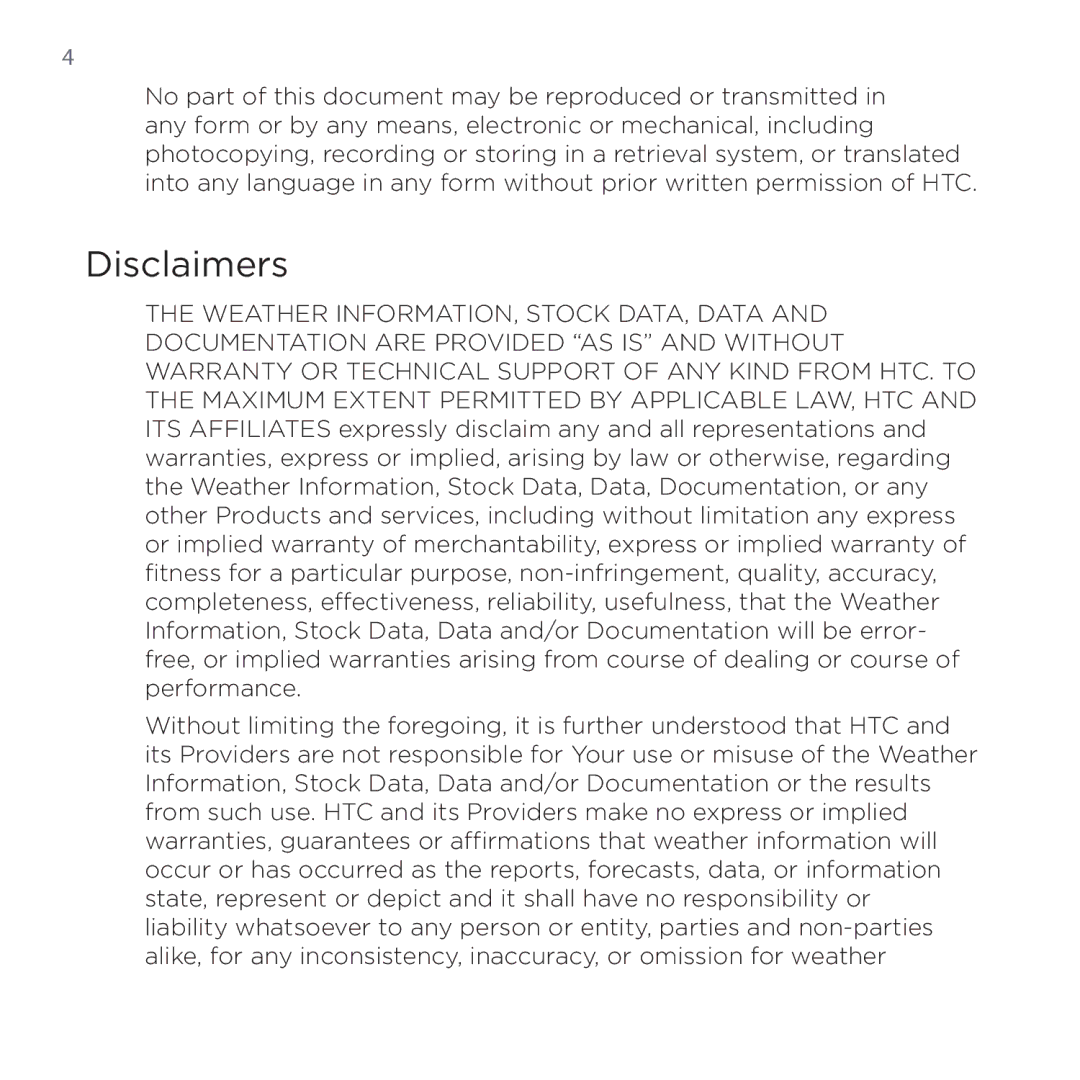 HTC 200 manual Disclaimers 