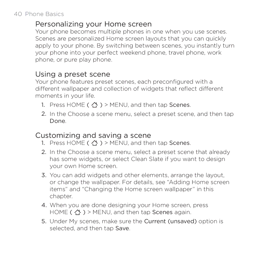 HTC 200 manual Personalizing your Home screen, Using a preset scene, Customizing and saving a scene 
