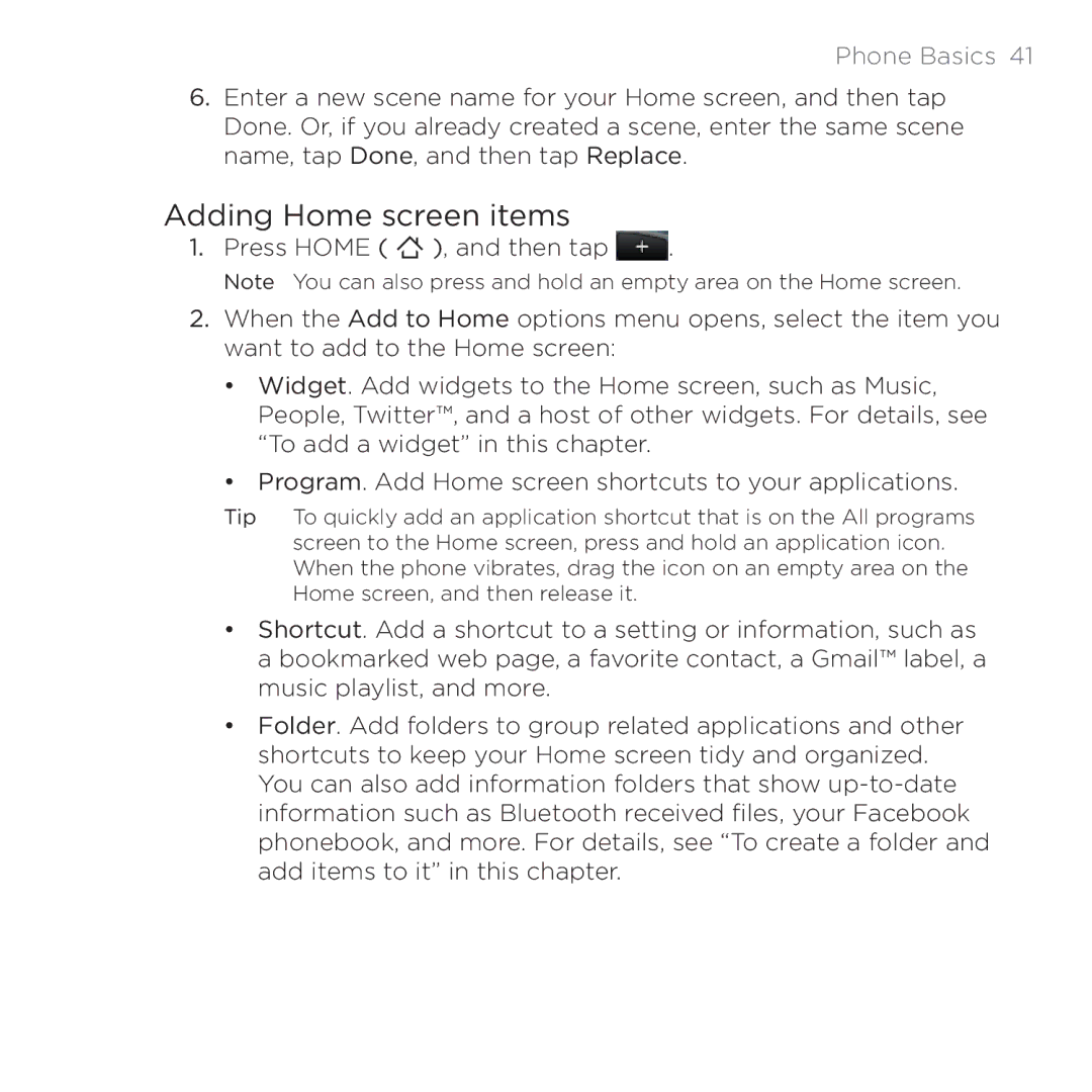 HTC 200 manual Adding Home screen items 