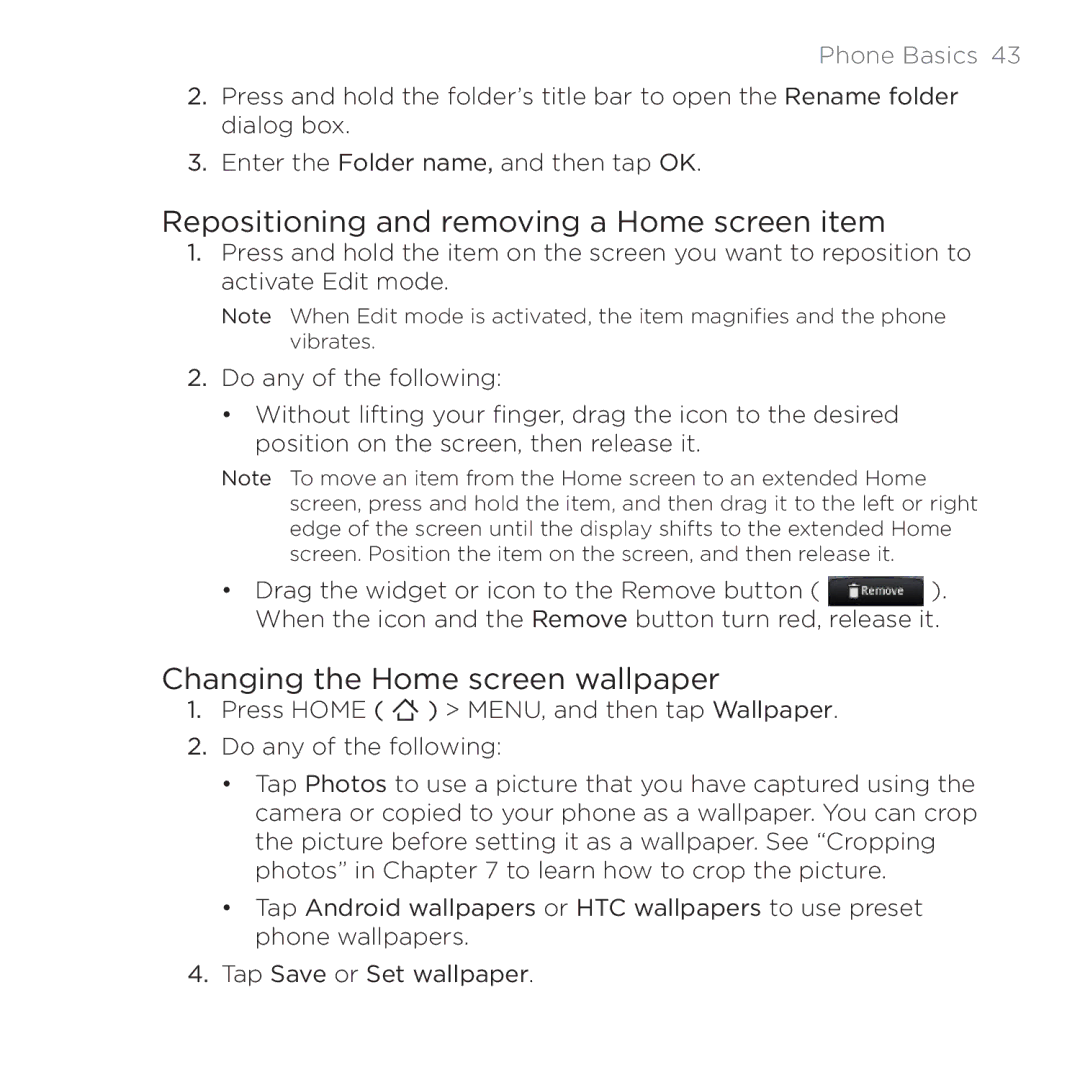 HTC 200 manual Repositioning and removing a Home screen item, Changing the Home screen wallpaper 