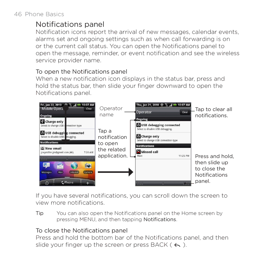 HTC 200 manual Notifications panel 