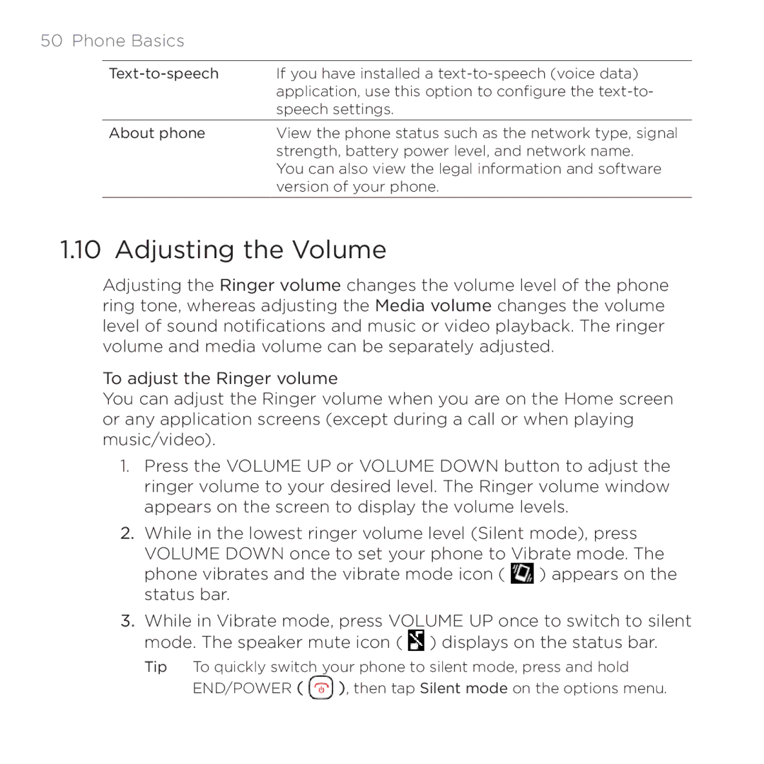 HTC 200 manual Adjusting the Volume 