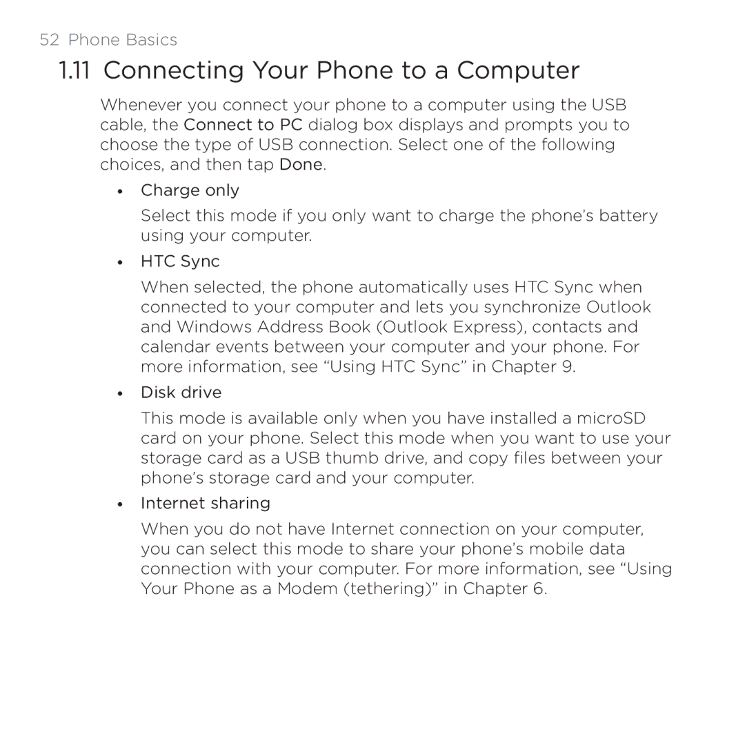 HTC 200 manual Connecting Your Phone to a Computer 