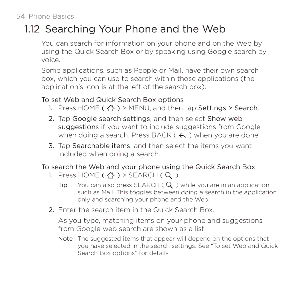 HTC 200 manual Searching Your Phone and the Web 