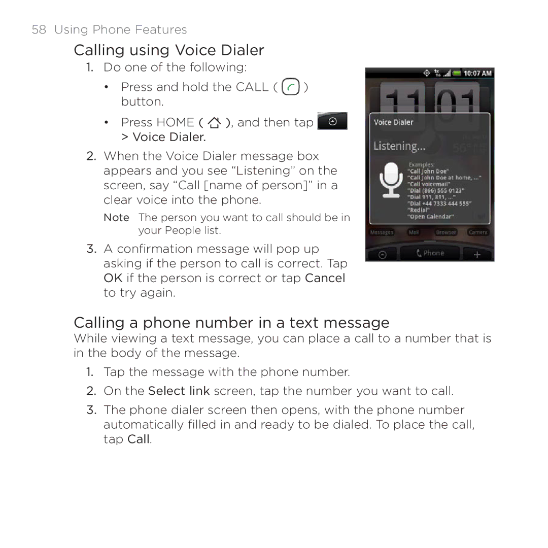 HTC 200 manual Calling using Voice Dialer, Calling a phone number in a text message 