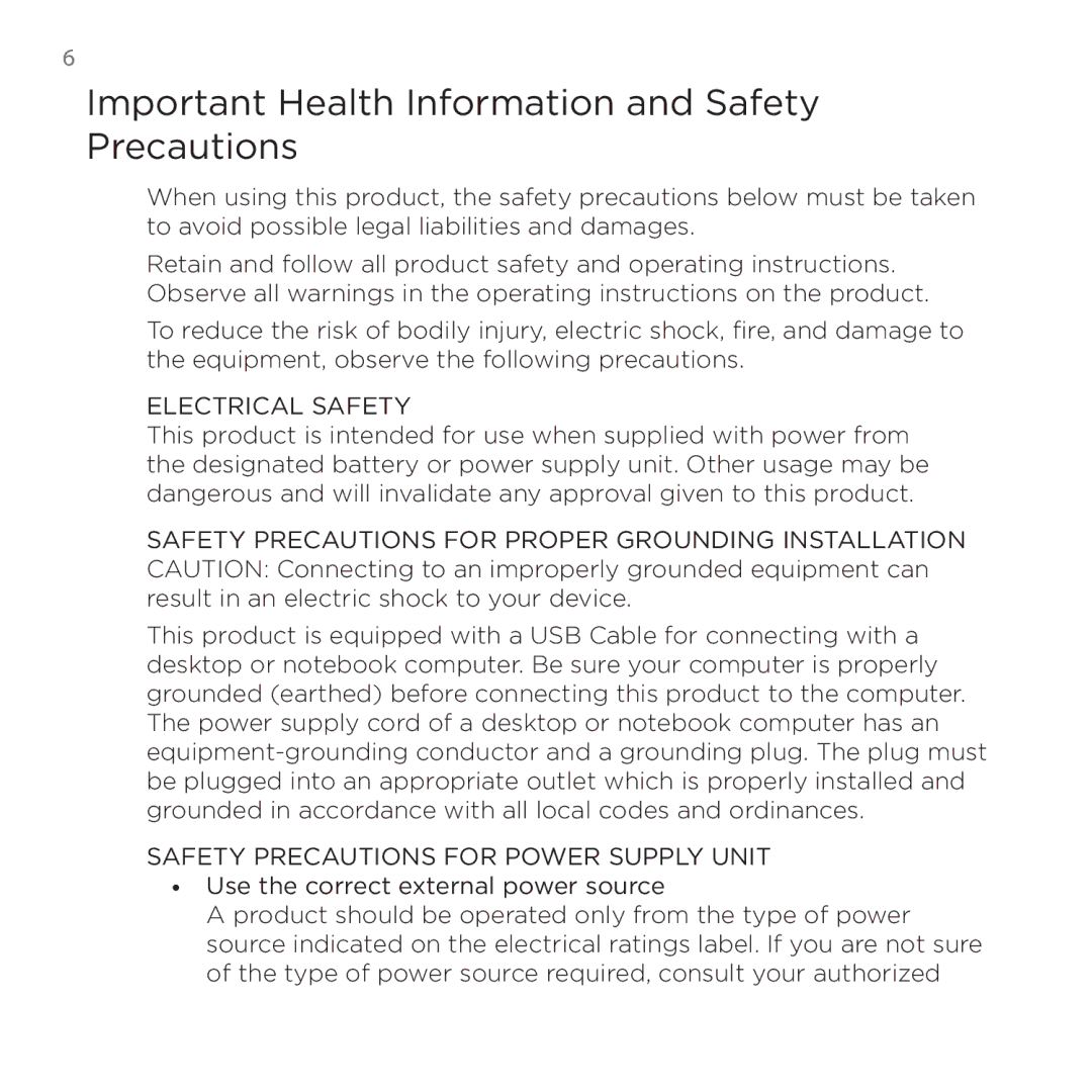 HTC 200 manual Important Health Information and Safety Precautions, Electrical Safety 